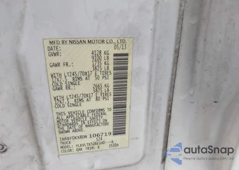 2013 Nissan Nv Cargo Nv2500 Hd Sv V6 z USA, uszkodzony, nr VIN 1N6BF0KX8DN106719